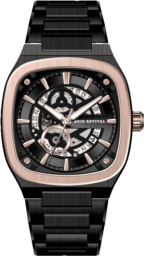 Rock Revival Wolf RRA.6525.B.RG.B Automatic Watch - Black Dial Square Case Front View
