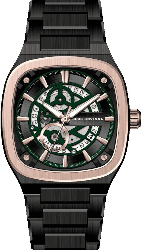 Rock Revival Wolf RRA.6525.B.RG.G Automatic Watch - Black Dial Square Case Front View