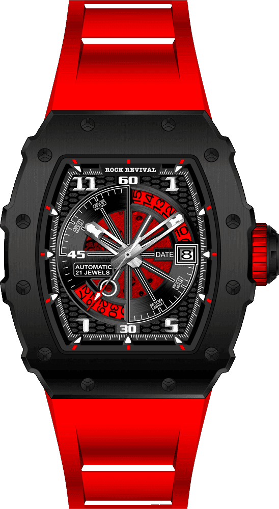Rock Revival Wolf RRA.8112.B.R Automatic Watch - Black and Red Dial Tonneau Case Front View