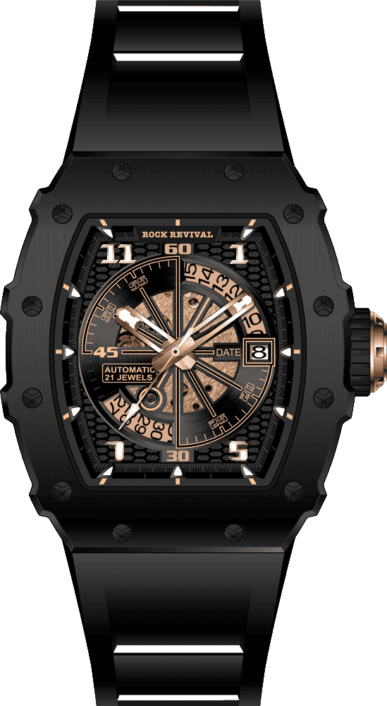 Rock Revival Wolf RRA.8112.B.RG Automatic Watch - Black and Gold Dial Tonneau Case Front View