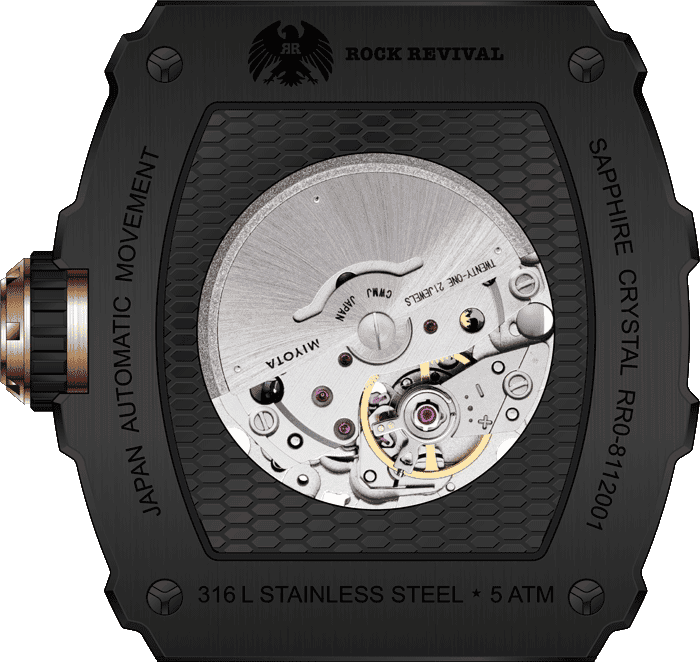 Rock Revival Wolf RRA.8112.B.RG - Sapphire Crystal and Black and Gold Dial Detail