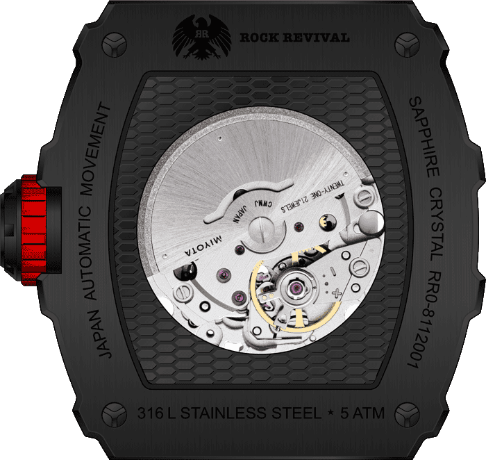 Rock Revival Wolf RRA.8112.B.R - Sapphire Crystal and Black and Red Dial Detail