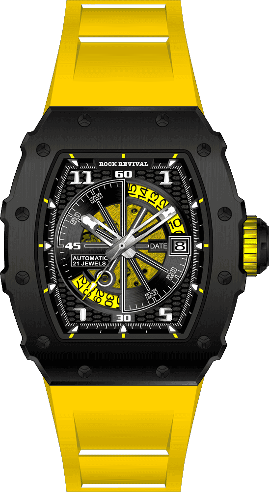 Rock Revival Wolf RRA.8112.B.Y Automatic Watch - Black and Yellow Dial Tonneau Case Front View