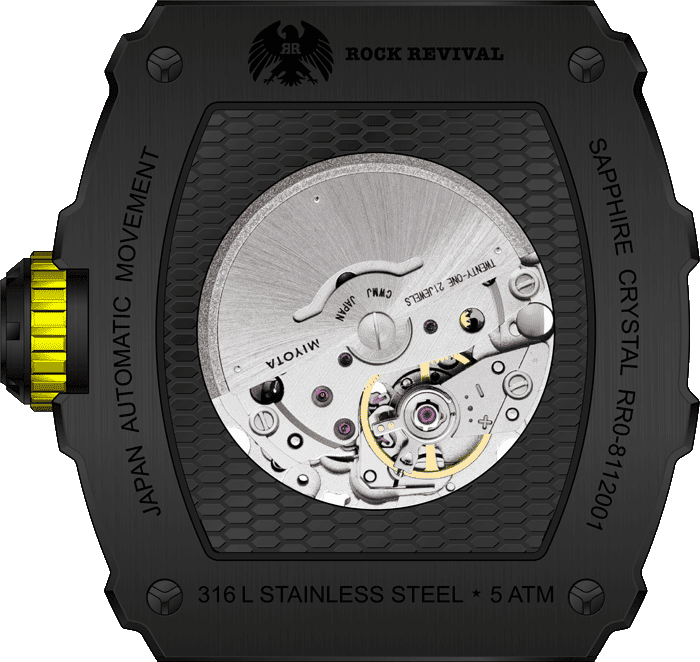 Rock Revival Wolf RRA.8112.B.Y - Sapphire Crystal and Black and Yellow Dial Detail