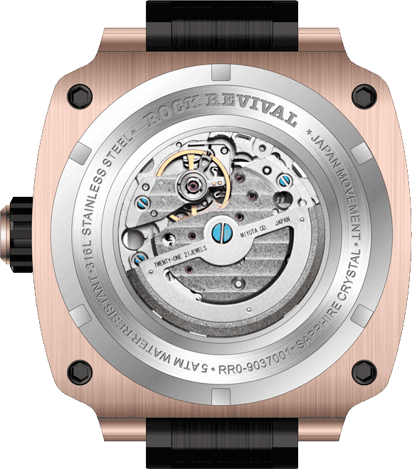 Rock Revival Macaw RRA.9037.RG.B - Sapphire Crystal and Black Dial Detail