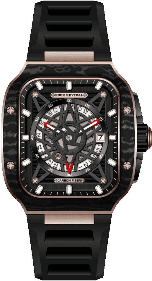 Rock Revival Wolf RRA.9056.RG.B Automatic Watch - Black Dial Square Case Front View