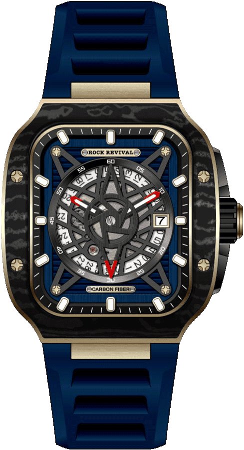 Rock Revival Wolf RRA.9056.YG.BL Automatic Watch - Blue Dial Square Case Front View