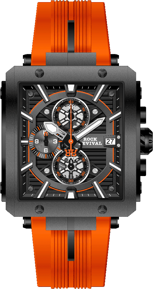 Rock Revival Macaw RRQ-9047-2 Quartz Watch - Black and Orange Dial Square Case Front View