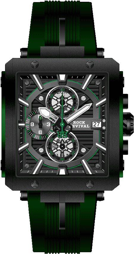 Rock Revival Macaw RRQ-9047-4 Quartz Watch - Black and Green Dial Square Case Front View