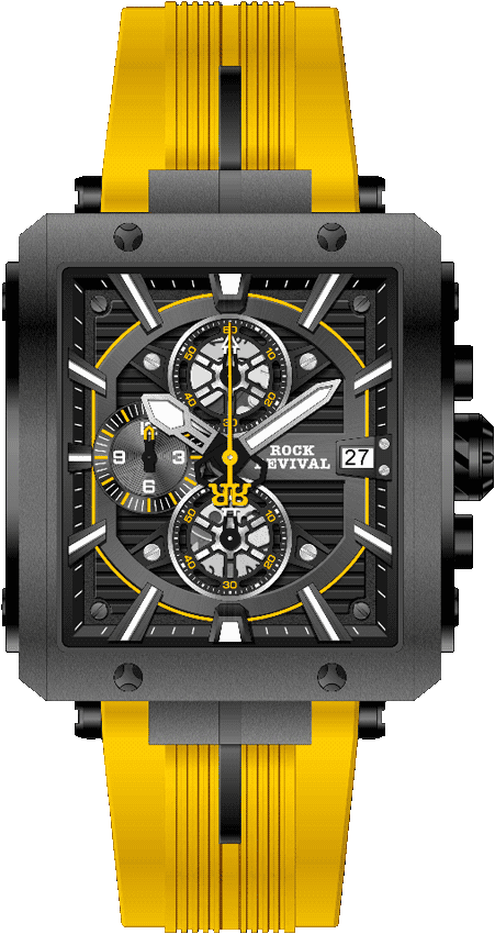 Rock Revival Macaw RRQ-9047-5 Quartz Watch - Black and Yellow Dial Square Case Front View