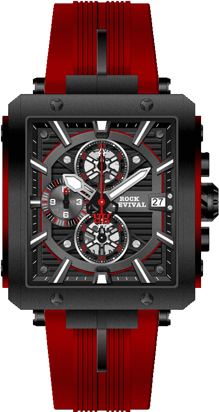 Rock Revival Macaw RRQ-9047-8 Quartz Watch - Black and Red Dial Square Case Front View