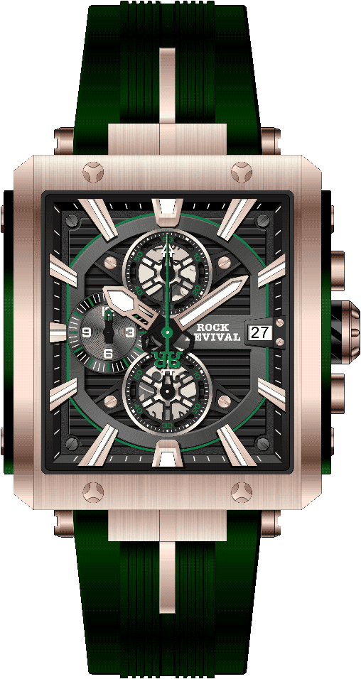 Rock Revival Macaw RRQ-9047-9 Quartz Watch - Black and Green Dial Square Case Front View