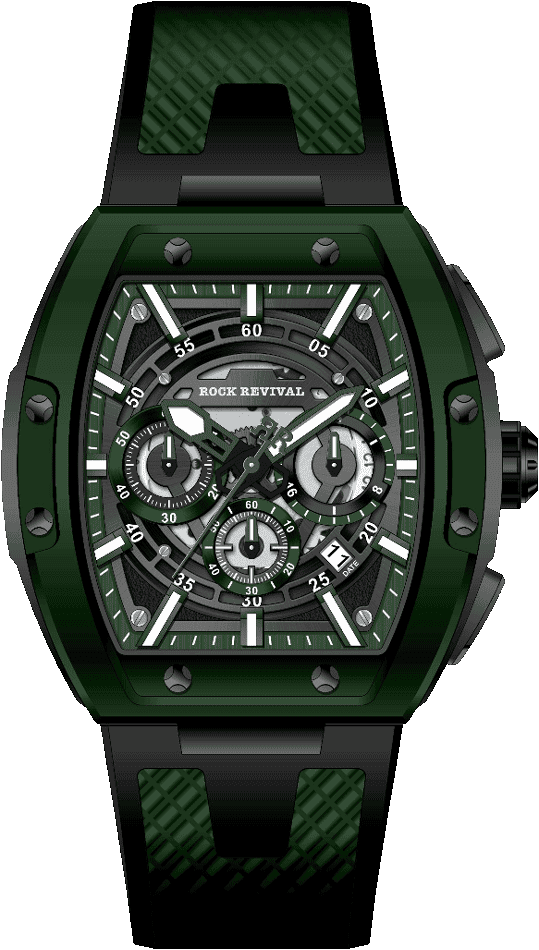 Rock Revival Wolf RRQ-9051-1 Quartz Watch - Black and Green Dial Tonneau Case Front View