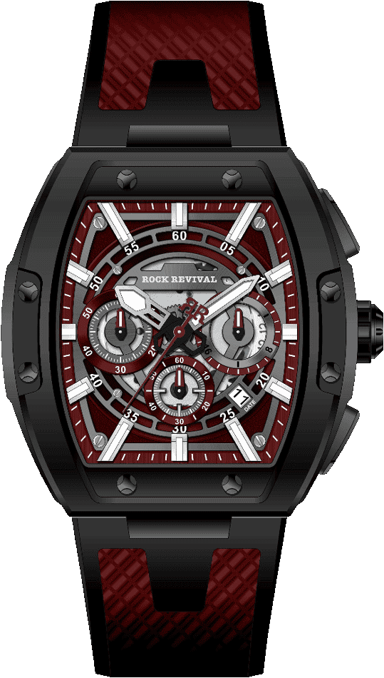 Rock Revival Wolf RRQ-9051-5 Quartz Watch - Red and Grey Dial Tonneau Case Front View