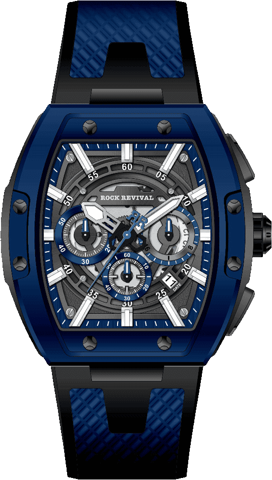 Rock Revival Wolf RRQ-9051-6 Quartz Watch - Blue and Grey Dial Tonneau Case Front View