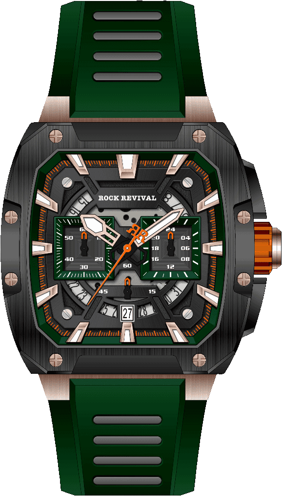 Rock Revival Wolf RRQ-9059-2 Quartz Watch - Black and Green Dial Square Case Front View