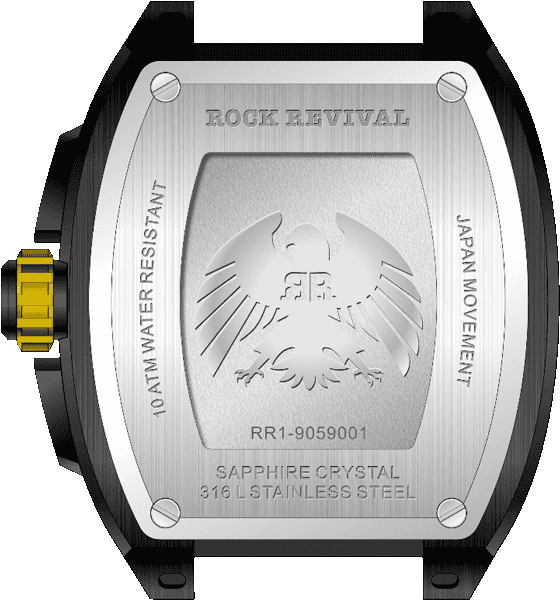 Rock Revival Wolf RRQ-9059-4 - Sapphire Crystal and Black and Yellow Dial Detail