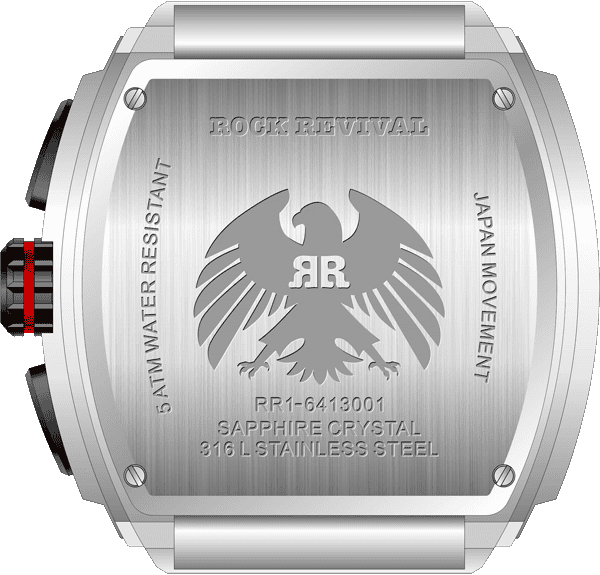 Rock Revival Macaw RRQ.6413.R - Sapphire Crystal and Black and Red Dial Detail