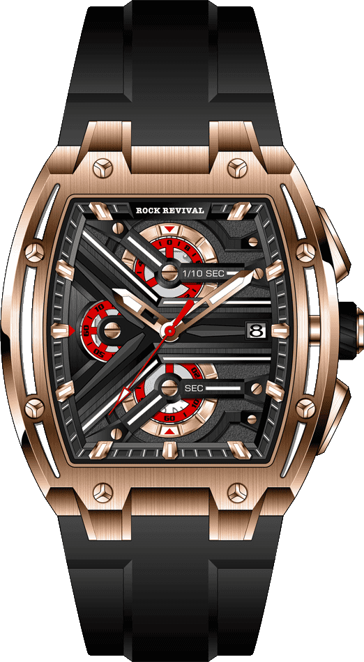 Rock Revival Macaw RRQ.8275.RG.B Quartz Watch - Black Dial Tonneau Case Front View